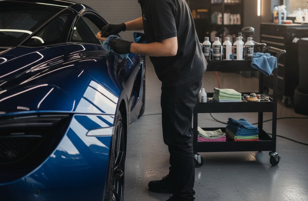 Create a realistic, professional service-business photograph showing auto Ceramic Coating from behind, with the backs of their heads visible. Do not show any faces, facial features, front-facing views or side views, profiles, or identifiabl